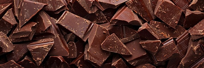 A pile of milk chocolate pieces forming a rich, textured background. Perfect for dessert-themed visuals.