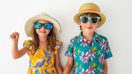 A boy and a girl in vibrant summer outfits and sunglasses, enjoying their time together against a white background, ready for a vacation.