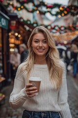 A woman holding a cup of coffee in front of a Christmas market