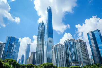 Obraz premium Skyscrapers Reaching into a Bright Blue Sky with White Clouds on a Sunny Day