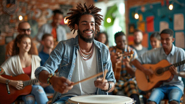 A man energetically plays the drums in a lively group of musicians, radiating joy and passion as others play guitars in the background.