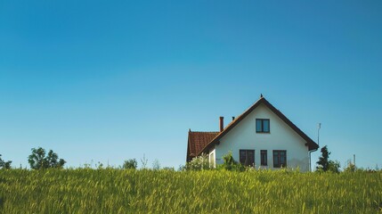 Obraz premium Charming Country House with Green Grass Lawn and Clear Blue Sky
