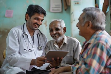 Obraz premium Indian doctor showing happy old man something on tablet in clinic.