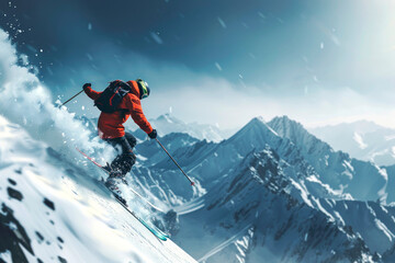 A skier in a red jacket traversing down a snowy mountain slope, surrounded by majestic, foggy mountains. Showcases thrill and adventure in winter sports.