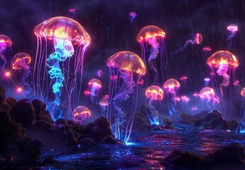 Jellyfish in the ocean are glowing brightly with purple and blue lights. AI.