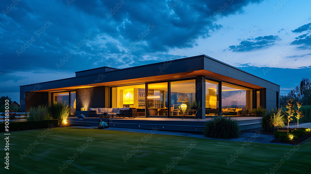 Wall mural modern house with garden at night