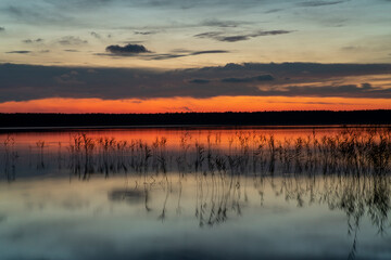 Beautiful sunset on the lake shore.