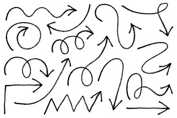Arrow crayon hand drawn sketch. Vector pencil and chalk scribbles. Doodle charcoal textured grunge elements set. Curve swirl and spiral black marks on white background.