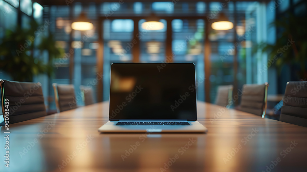 Poster laptop computer with opened lid on table in meeting room of office workspace.