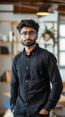 Fototapeta premium A man wearing glasses standing in an office with his hands in his pockets