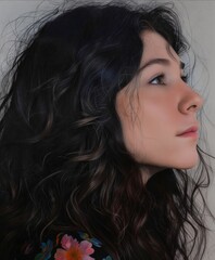 Naklejka premium A woman with long black hair and a flower in her hair