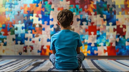 Young boy with autism spectrum disorder sits pensively against a colorful puzzle wall, symbolizing the complexity and uniqueness of autism.