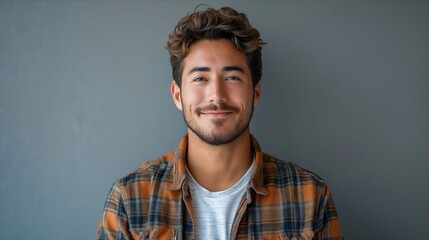 Fototapeta premium A man in a plaid shirt smiles at the camera