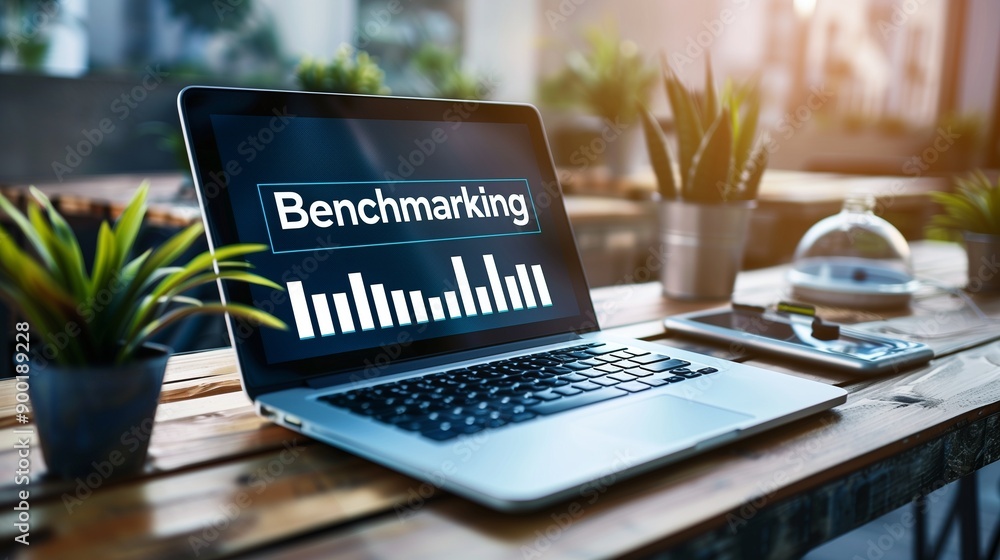 Poster a laptop screen displaying colorful pie charts and diagrams, illustrating a benchmarking process in 