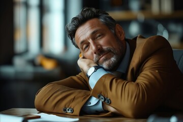Obraz premium A man in a brown suit sitting at a table with his hand on his chin
