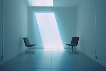 meeting room, white and bright with a blue spotlight