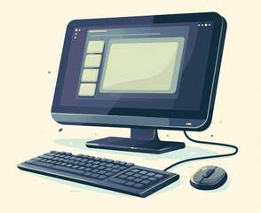 Fototapeta premium Minimalistic Computer Icon with White Background, Featuring Monitor, Keyboard, and Mouse in Black and Grey Flat Colors