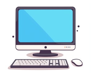 Minimalistic Computer Icon with White Background, Featuring Monitor, Keyboard, and Mouse in Black and Grey Flat Colors