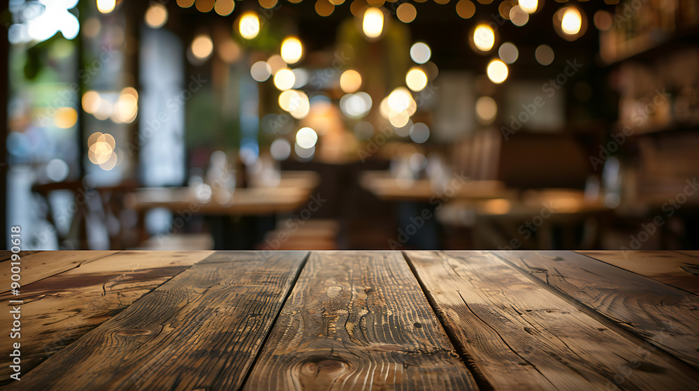 Poster empty rustic wood table and blurred soft light table in restaurant with bokeh background. product di