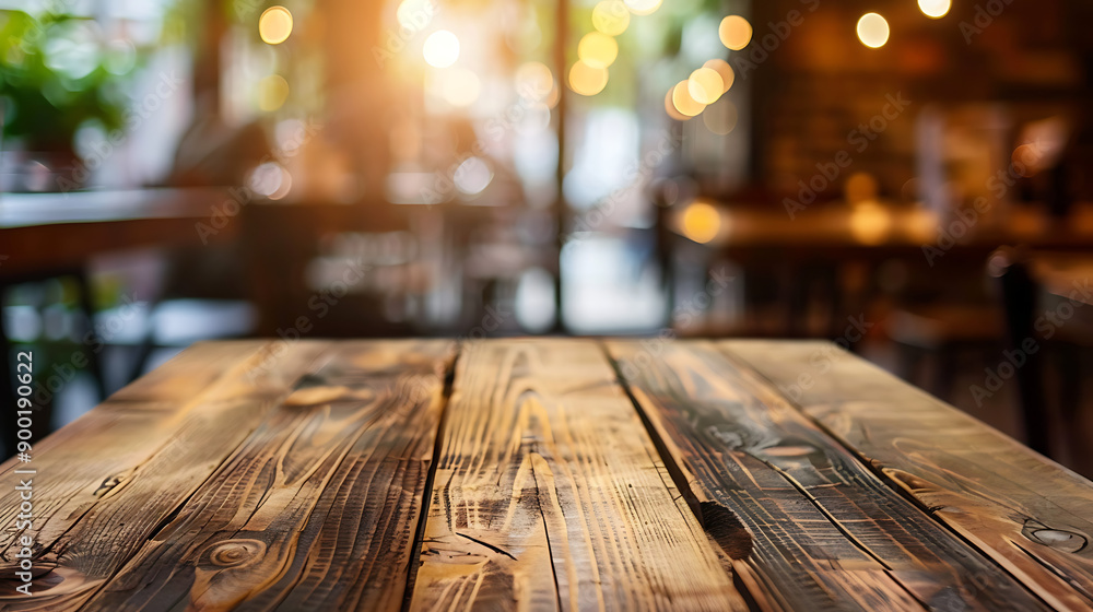 Poster empty rustic wood table and blurred soft light table in restaurant with bokeh background. product di