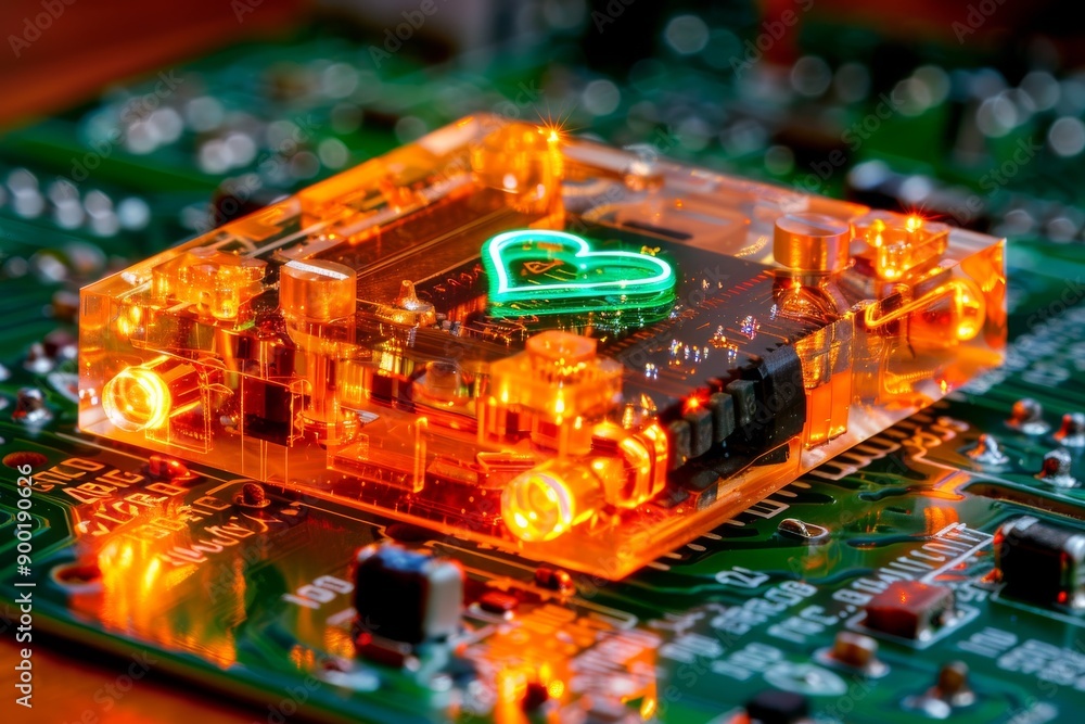 Poster close up of a microchip with glowing orange circuits illustrating cutting edge semiconductor technol