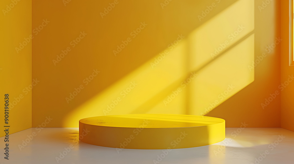 Aufkleber Empty room interior design or yellow pedestal display on vivid background with blank stand. Blank stand for showing product. 3D rendering.