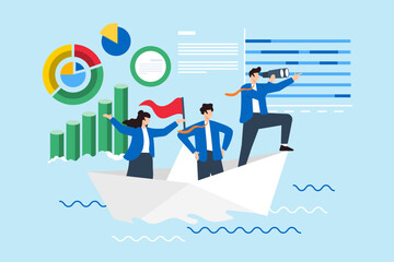 Navigating market trends, strategic foresight, adapting to economic changes, data-driven decision-making concept vector illustration. Analysts sailing on paper boat with financial charts