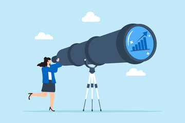 Forecasting market trends, long-term strategic planning, data analysis for future growth, decision-making concept vector illustration. Business analyst using telescope to view financial charts © VZ_Art