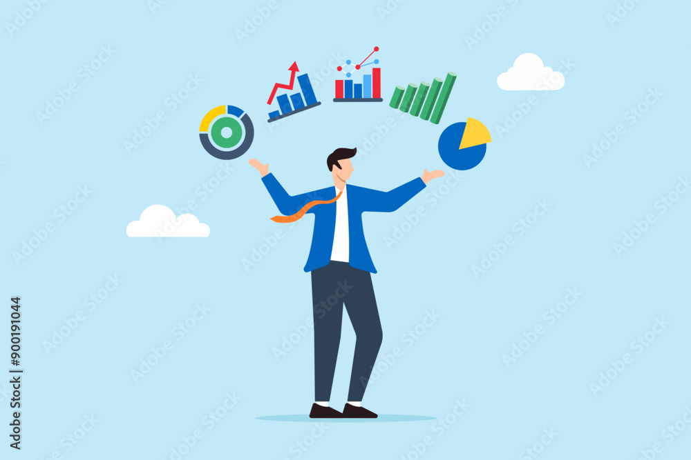 Poster managing multiple market strategies, balancing data insights, dynamic business planning, data-driven
