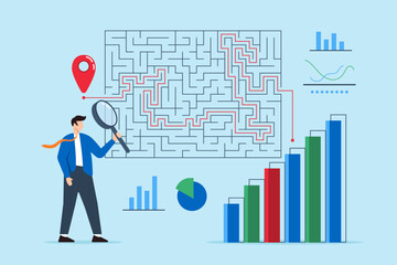 Solving complex market problems, strategic thinking, analytical problem-solving, business challenges concept vector illustration. Analysts navigating maze of financial graphs