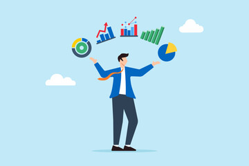 Managing multiple market strategies, balancing data insights, dynamic business planning, data-driven multitasking concept vector illustration. Analyst juggling financial charts