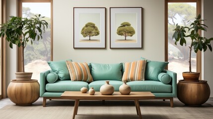 A vibrant and modern living room scene showcases three poster frames hanging on a white wall, featuring a lush green couch, a wooden pot with a vibrant plant, and a sleek floor 