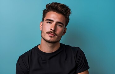 A man in a black shirt is looking at the camera