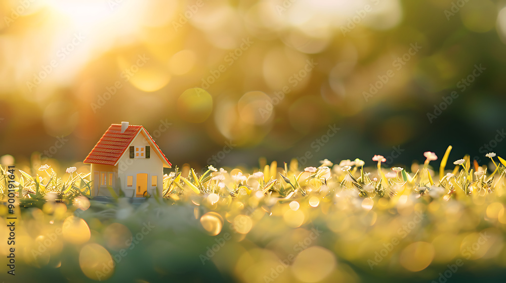 Aufkleber copy space of home and life concept. small model home on green grass with sunlight abstract backgrou