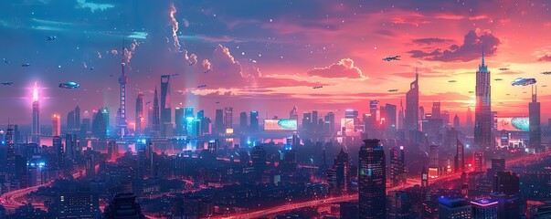 Obraz premium Futuristic Cityscape at Sunset with Flying Cars