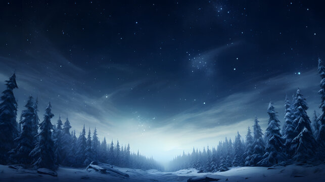 Forest snow mountain nebula starry sky night