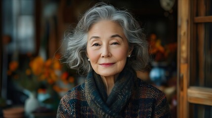 Fototapeta premium An older woman with grey hair and a scarf