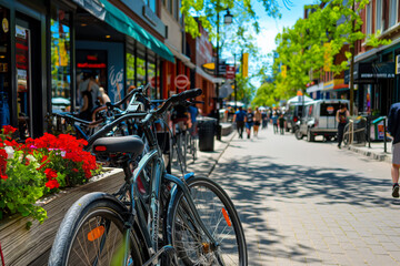 Parked Bicycles on a Vibrant Summer Day in the City.