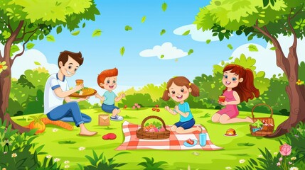 A happy family enjoying a picnic in a lush park, with a blanket spread out, children playing, and a sunny day