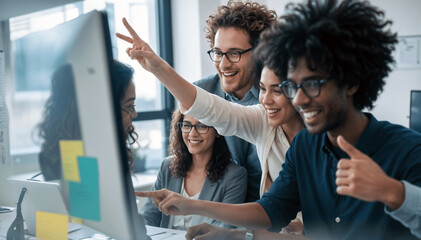 Portrait of a Team Working together in a collaborative office environment, Diverse Team Collaborating on Project, Analyzing Data Using Computer and Brainstorming Profits, Generating Revenue