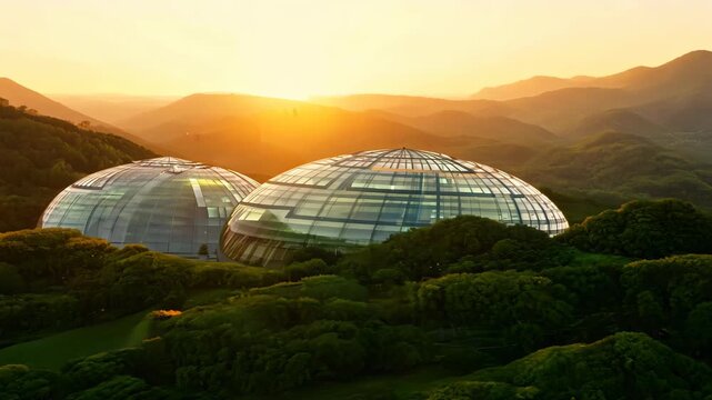 Wide shot: Transparent domes nestled in verdant hills. Golden sunlight bathes the scene, mountains silhouetted against warm sky. 