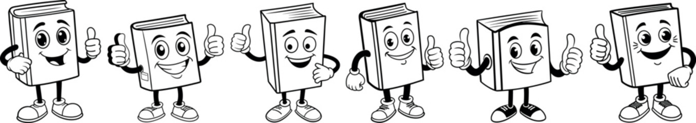 Collection of cheerful book mascots showing thumbs up, perfect for school posters, educational websites, and kids' books. Bold and playful line art in monochrome