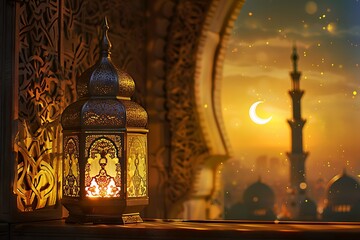 3d illustration Arabic lantern with burning candle glowing at night Muslim holy month Ramadan.