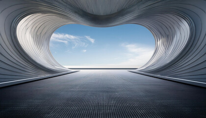 This image showcases a futuristic architectural design with sleek curves and open space, highlighting modern and innovative urban design elements.