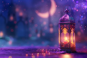 3d illustration Arabic lantern with burning candle glowing at night Muslim holy month Ramadan.