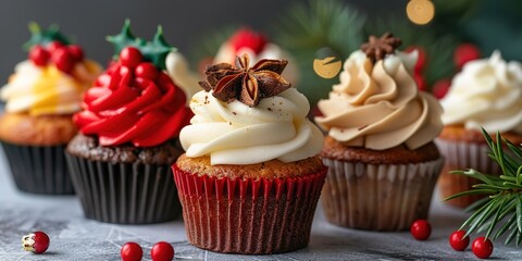 Assorted Christmas cupcakes with festive decorations