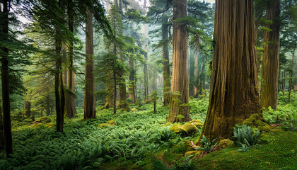 Obraz premium A lush, sunlit forest with moss-covered rocks and trees, offering a serene and vibrant natural scene perfect for nature-themed backgrounds or environmental projects.