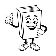 Smiling book character with thumbs up in black and white. Perfect for educational posters, children's books, and learning apps. Simple, bold lines for easy recognition