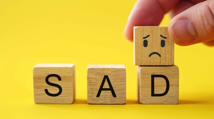 Sad word wooden block and sad face on the yellow background for depress and sorrow concept.