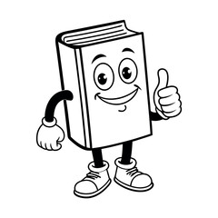 Happy book mascot giving a thumbs up, perfect for school projects, educational websites, and coloring pages. Clean line art in monochrome